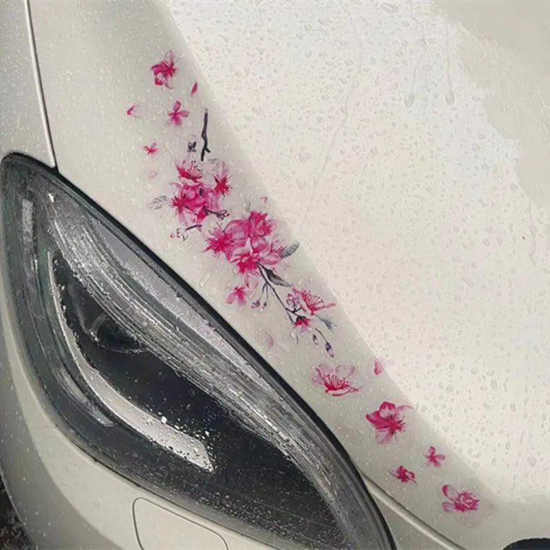 Cherry blossom pattern car sticker on vehicle surface showing two size options