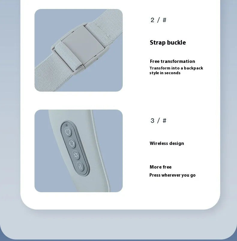 Grey elastic fabric USB rechargeable neck and back massage instrument with two gears.