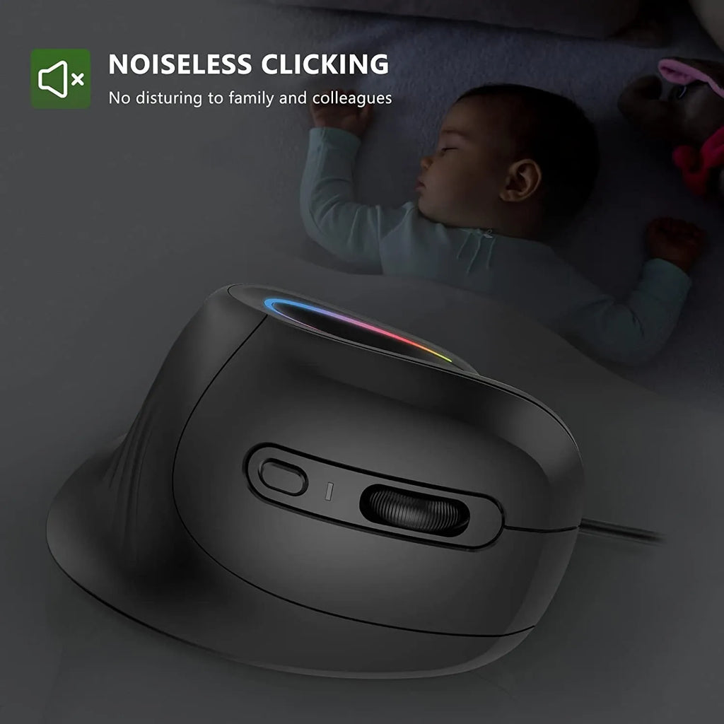 seenDa vertical Bluetooth 2.4G rechargeable wireless mouse in black with RGB lighting and charging cable