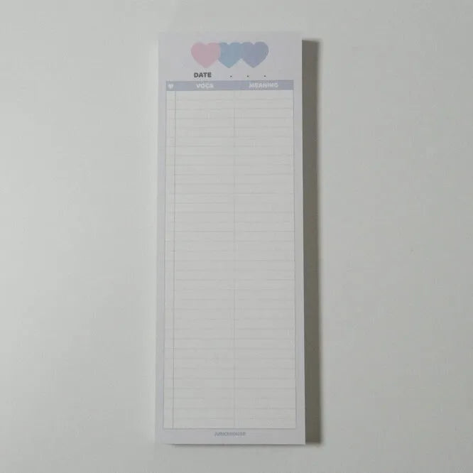 B5 half-size notepad with vertical English words printing in pink, purple, and blue cover colours.