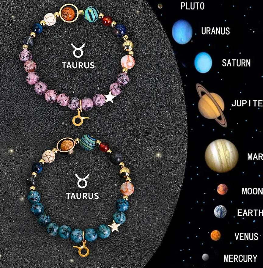 Two natural stone beaded bracelets with zodiac charms, shown as a set.
