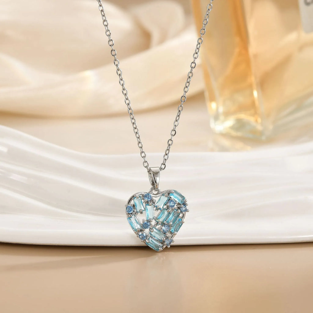 Women's copper heart pendant necklace with zircon centre electroplated finish O-ring chain gold blue colour option