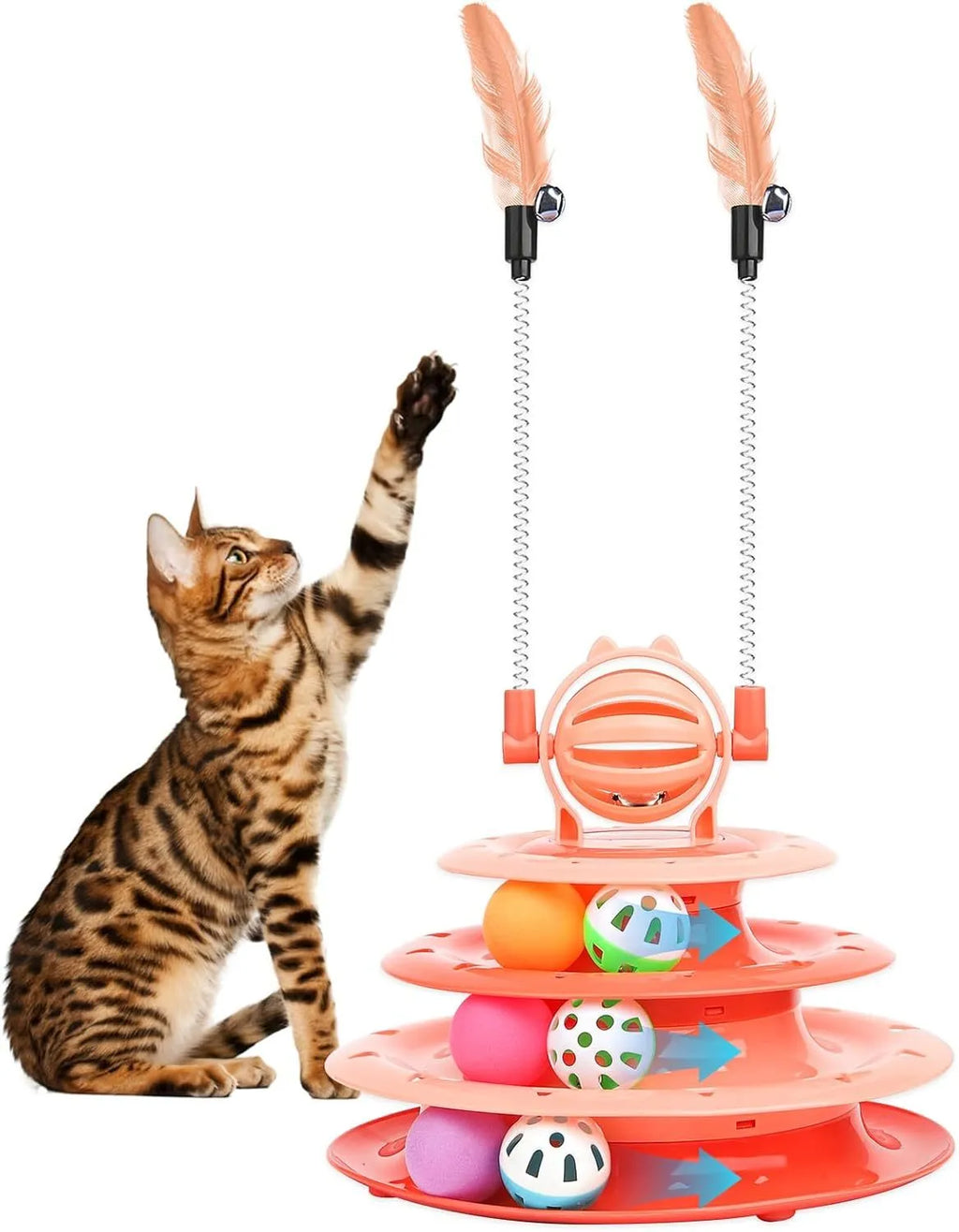4-tier interactive cat puzzle ball toy with six coloured balls, two teasing rods, and bell on top