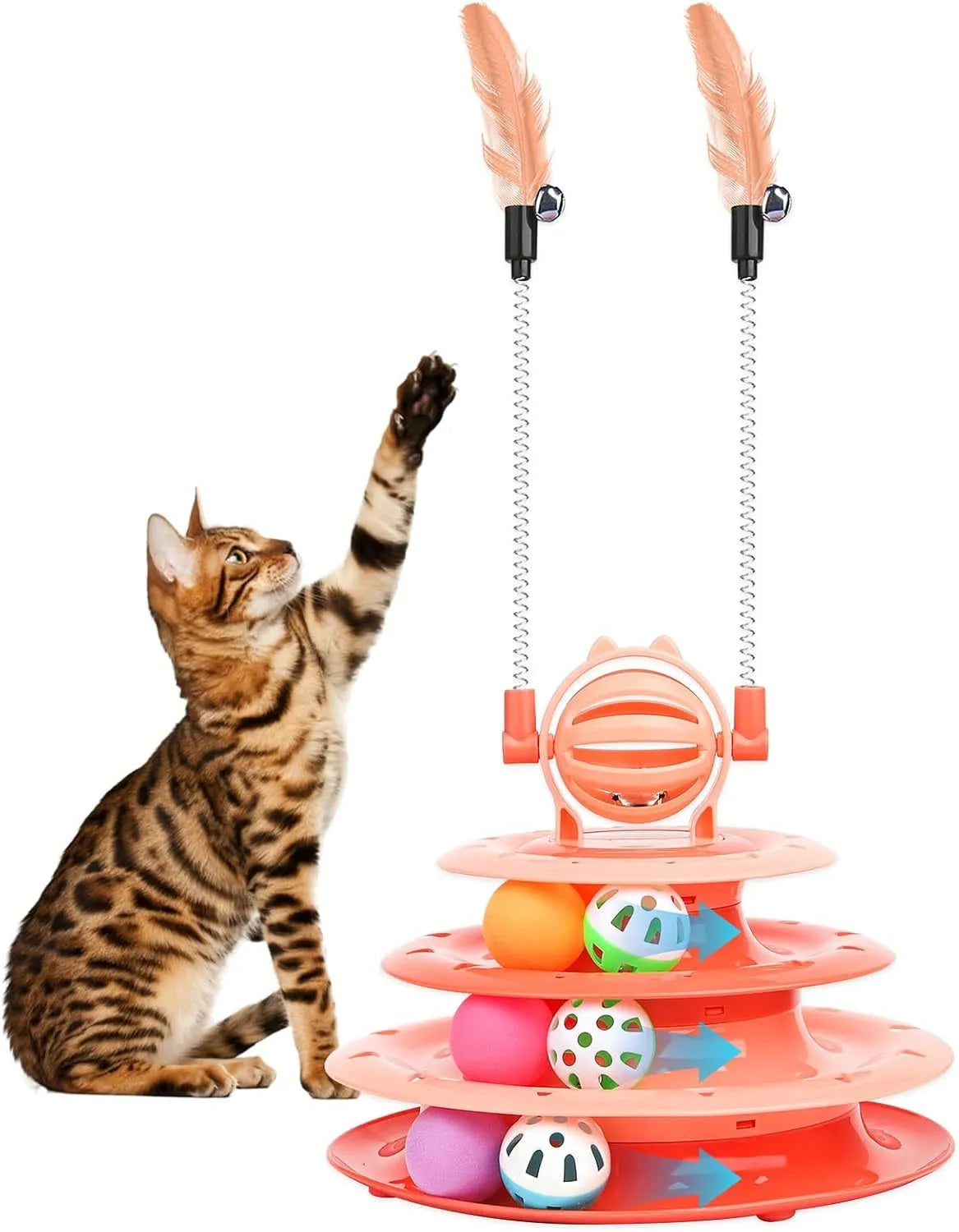 4-tier interactive cat puzzle ball toy with six coloured balls, two teasing rods, and bell on top