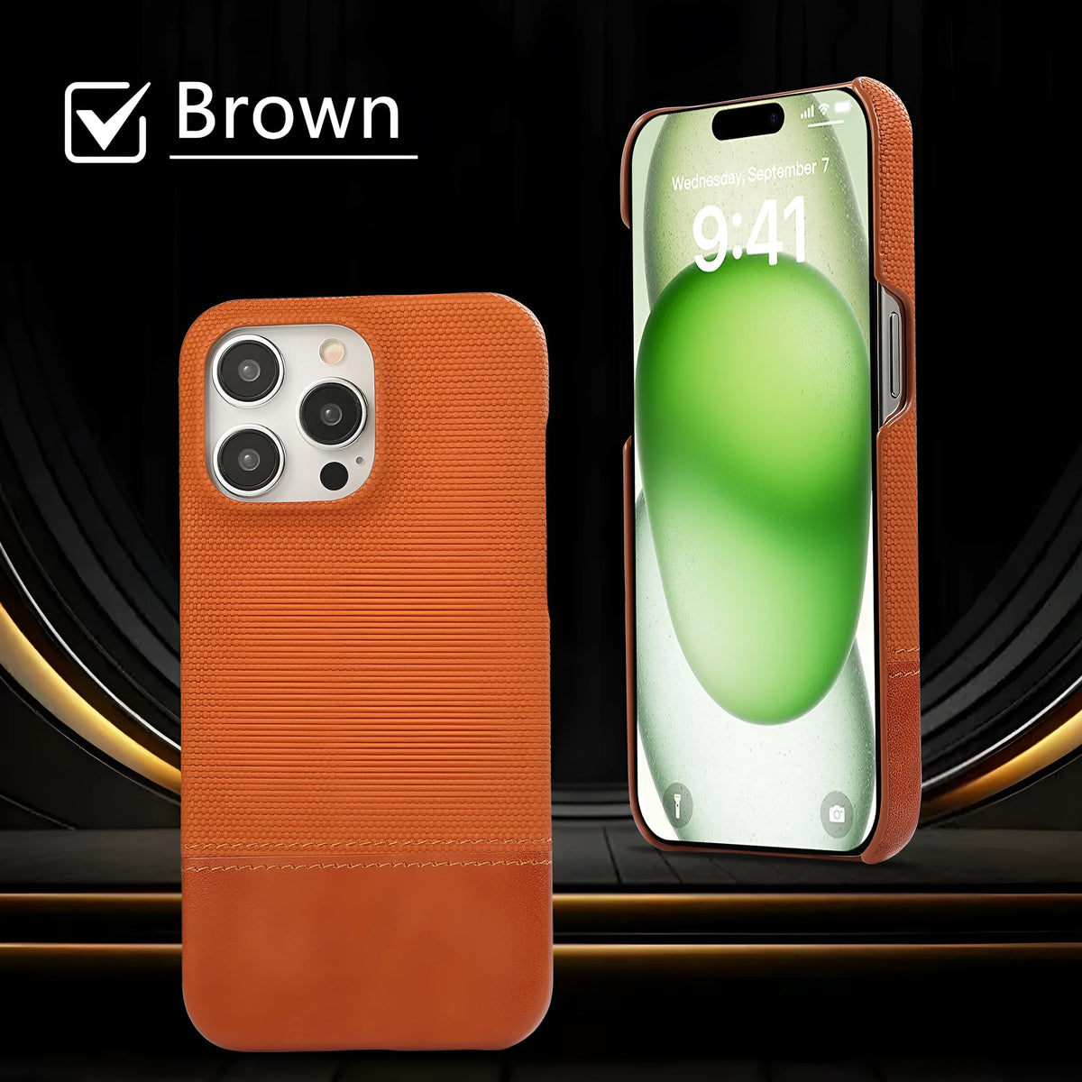 Imitation leather iPhone 17 phone case with fabric stitching, shown in Horse Orange, Galactic Gray and Deep Sea Blue