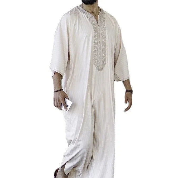 Men's milky white linen blend loose cardigan Muslim robe with short sleeves