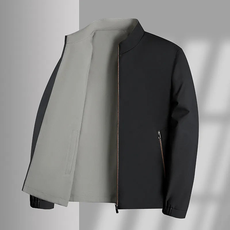 Men's double-sided stand collar windproof jacket in polyester, loose fit, available in black, navy, khaki and red, sizes M-4XL.