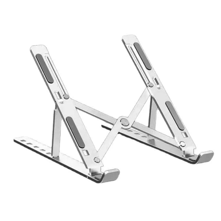 Silver aluminium alloy folding laptop stand holding a notebook, shown next to its cloth storage bag.