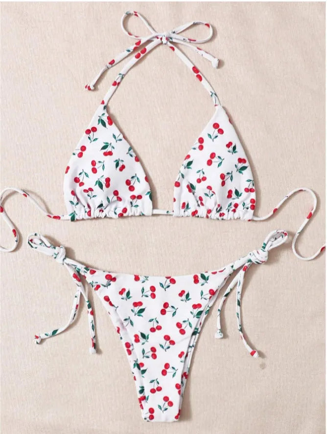 Holiday split halter bikini set in solid picture colour with backless design, briefs bottom and nylon lining, sizes S to XL