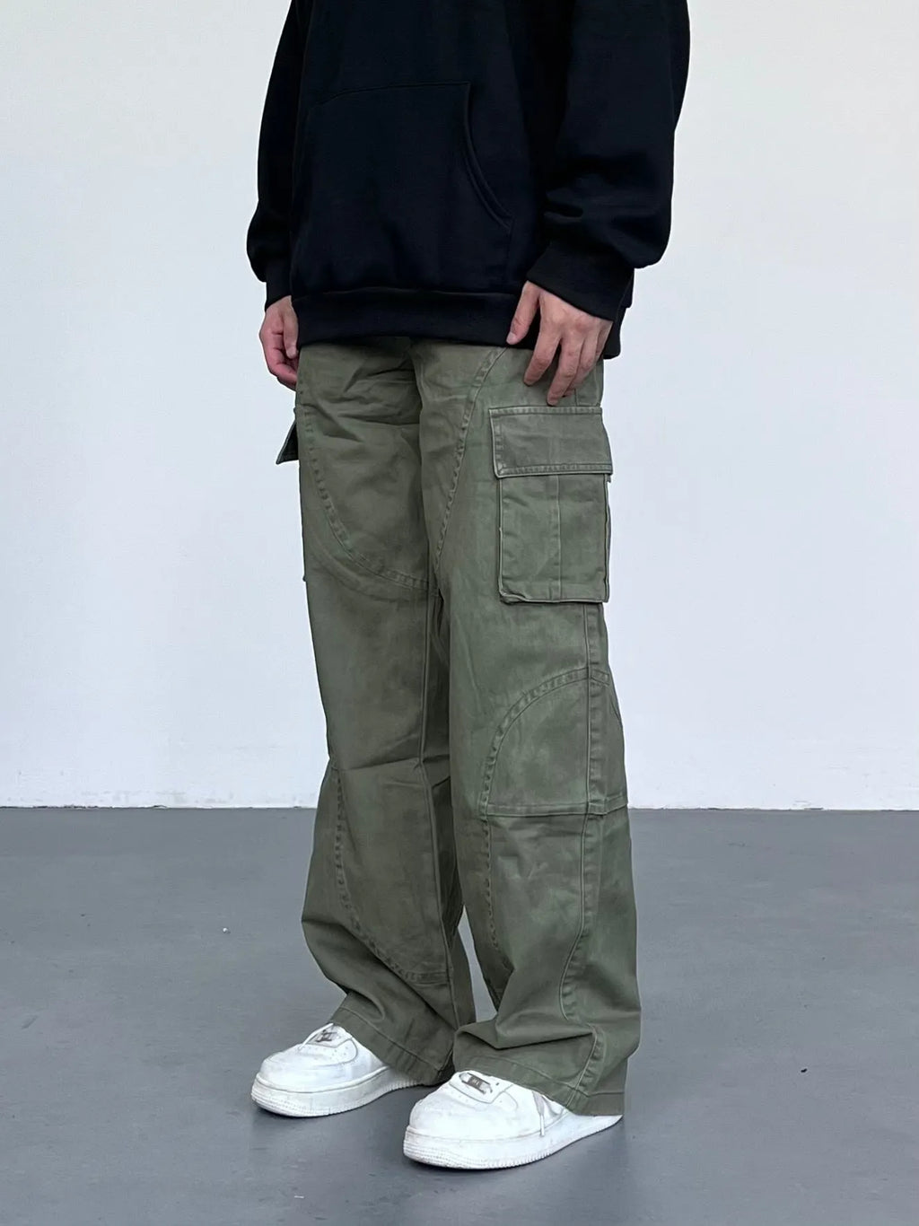 Autumn winter washed worn loose straight-leg overalls in black with pocket decoration