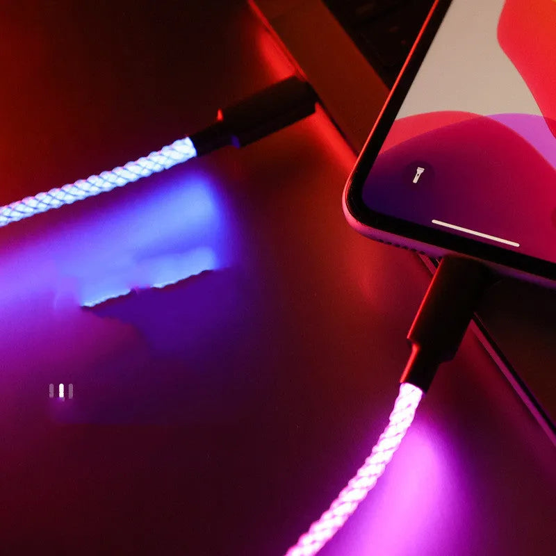 RGB streamer charging data cable, 1m, with Apple or Type-C connector and light-up lead