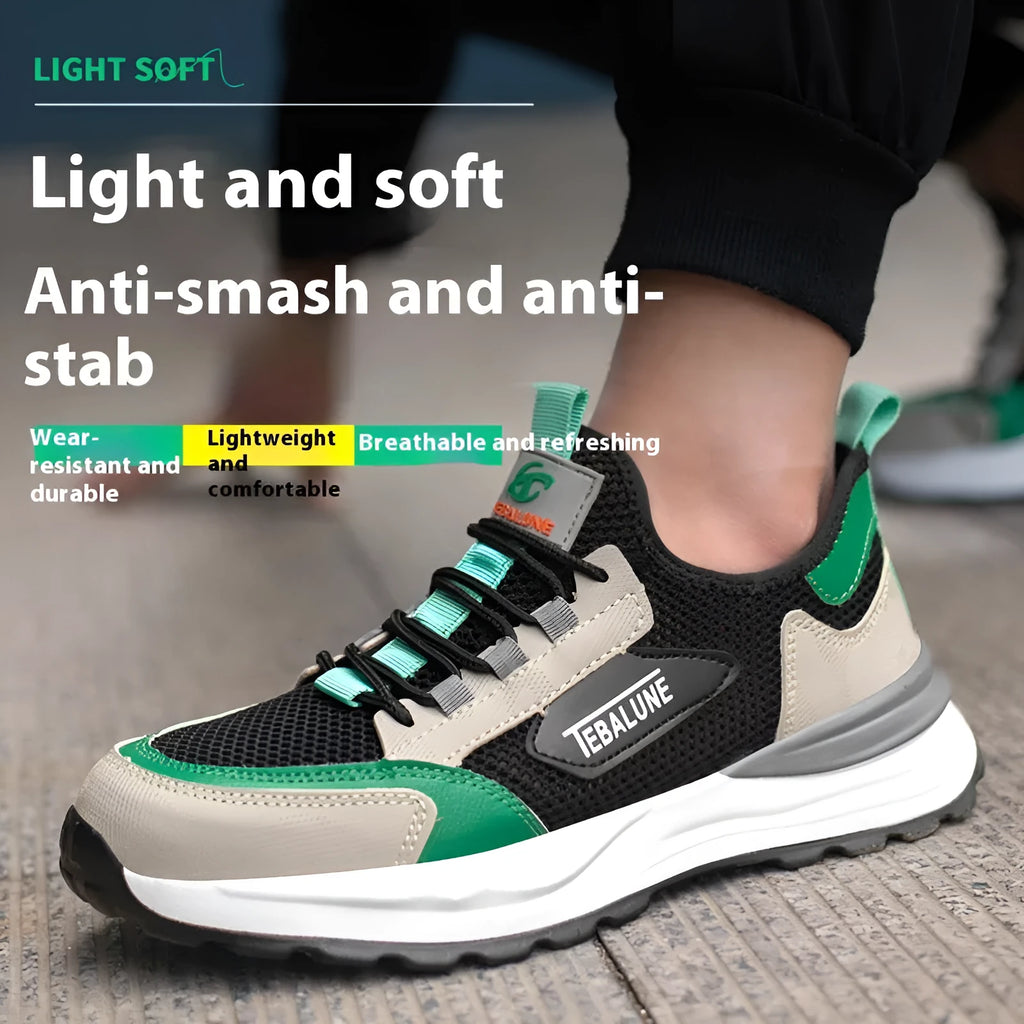 Black and green low-top safety shoes with a mesh upper and plastic steel toe cap on a white background.