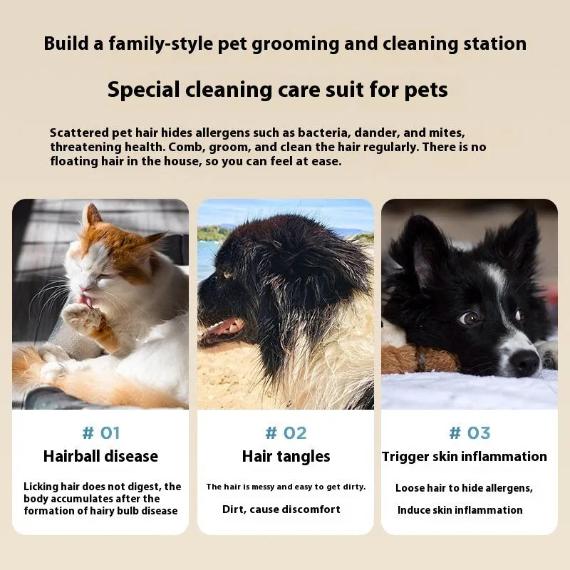 White pet grooming vacuum cleaner with attached shaver, hose, and set of grooming combs and calipers.