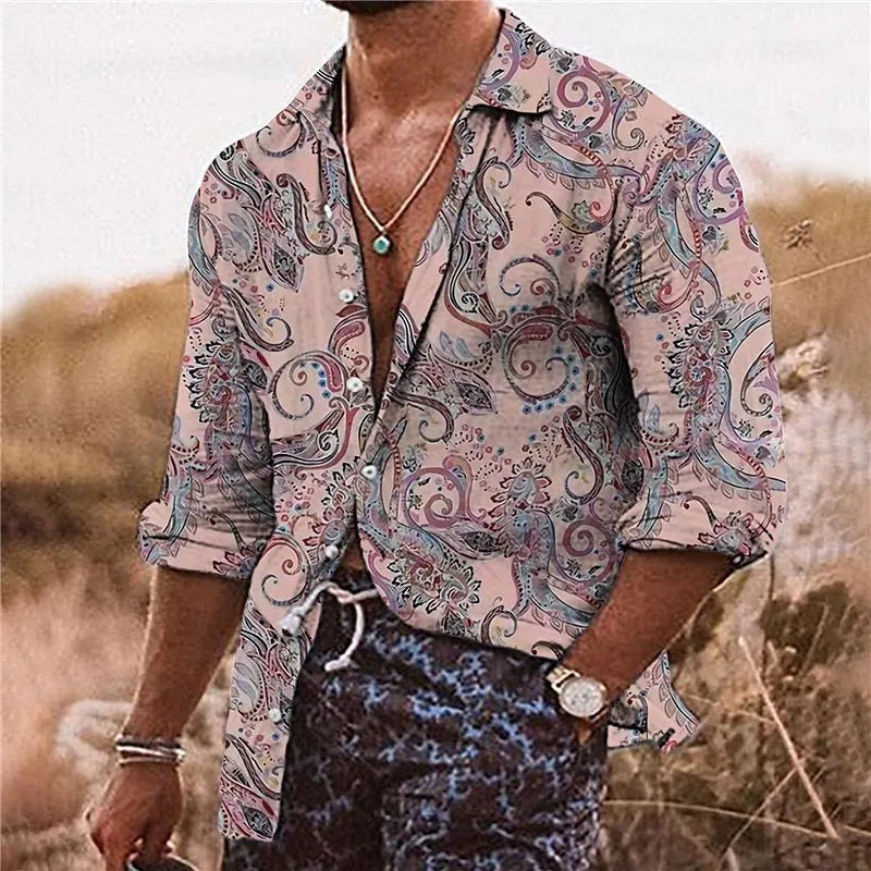 Men's bohemian floral pattern shirt with 3D printing and long sleeves