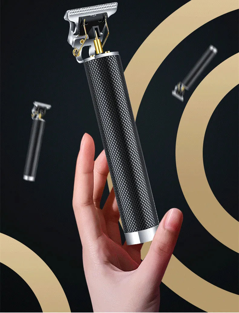 Black USB rechargeable electric hair clipper with gold steel blades and four guide combs