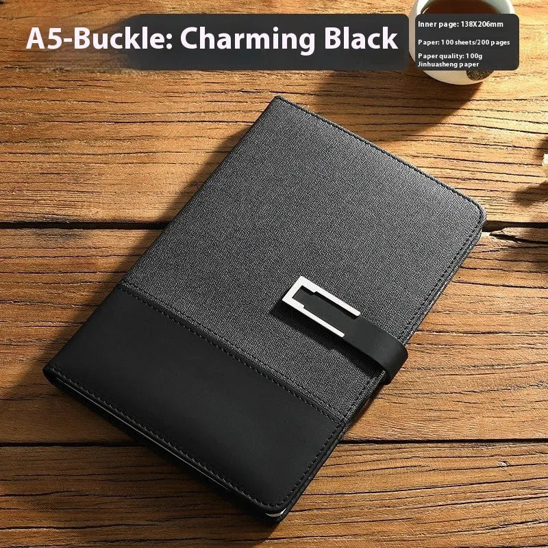 A5 soft leather business notebook in brown, black, green, blue, and red colour options.