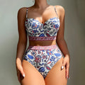 Blue women's high waist push-up bikini swimsuit set on a white background.
