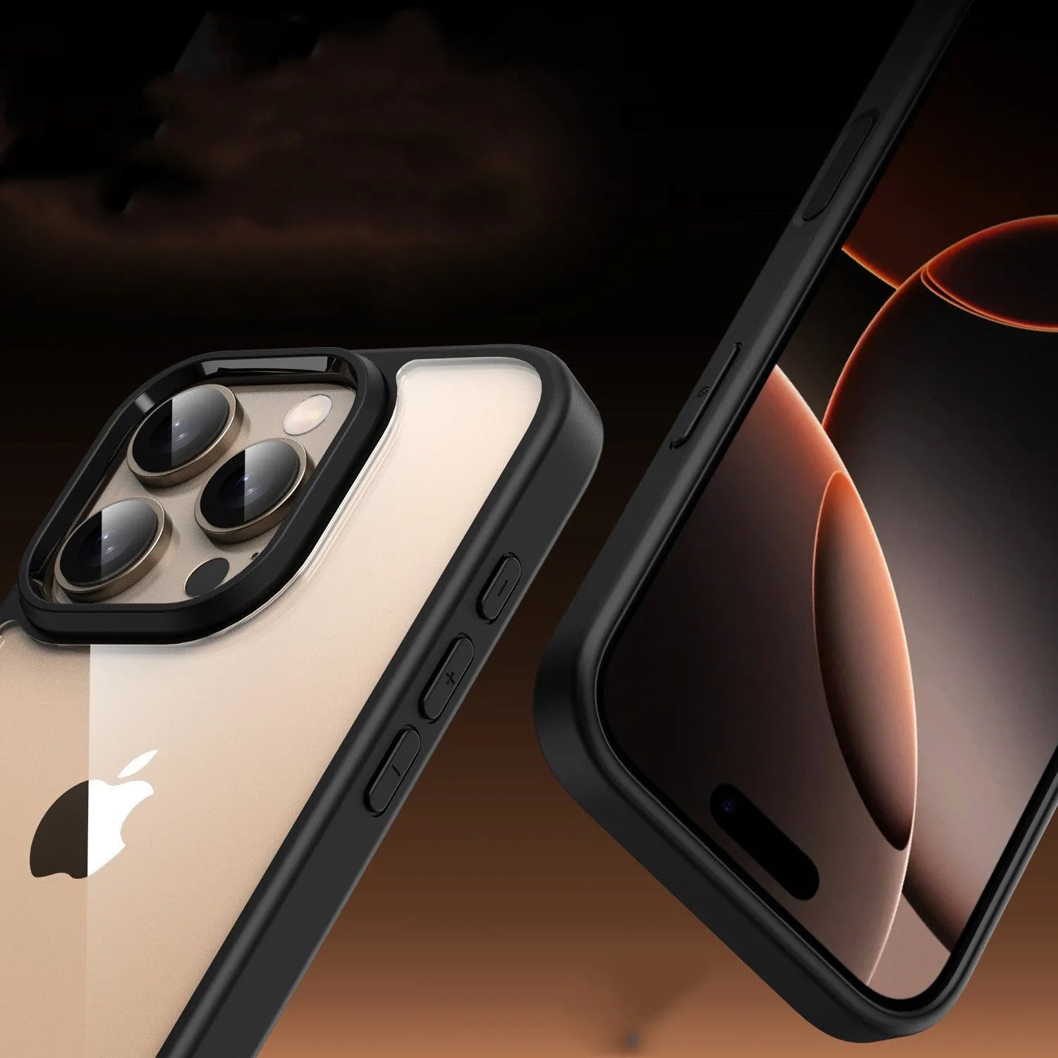 Transparent black magnetic shockproof phone case for iPhone 16 with visible airbag corners.