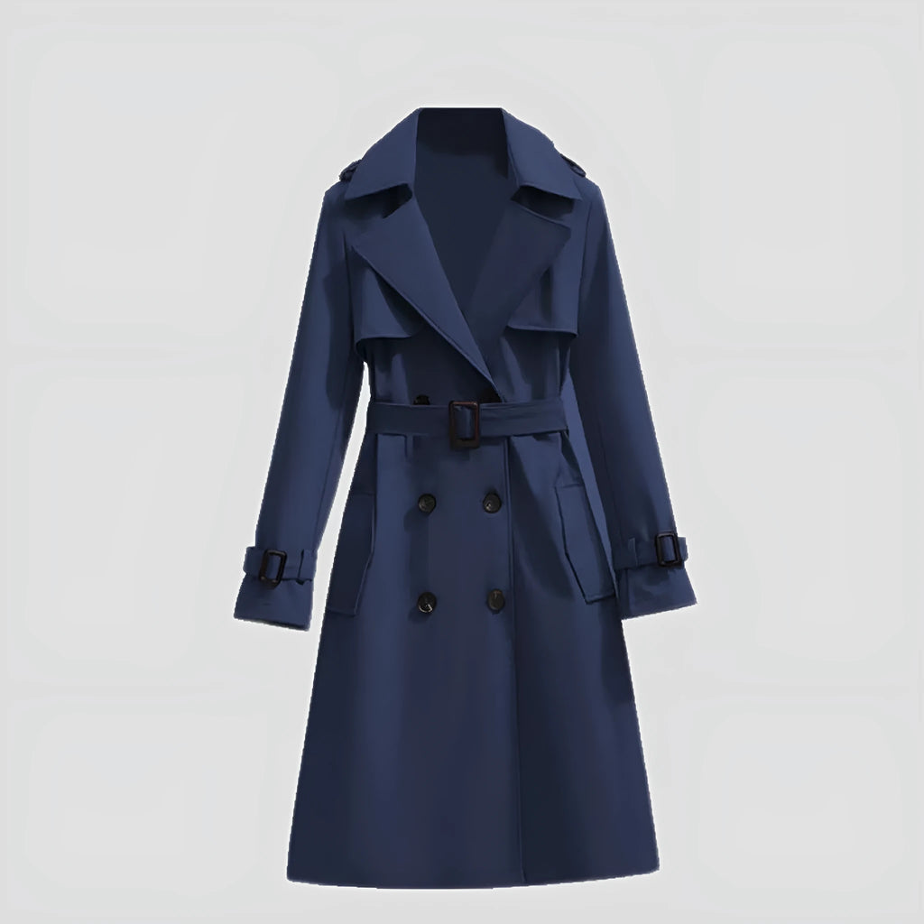 Mid-length slim fit trench coat with long sleeves, polyester, available in sizes S to 3XL and multiple colours.