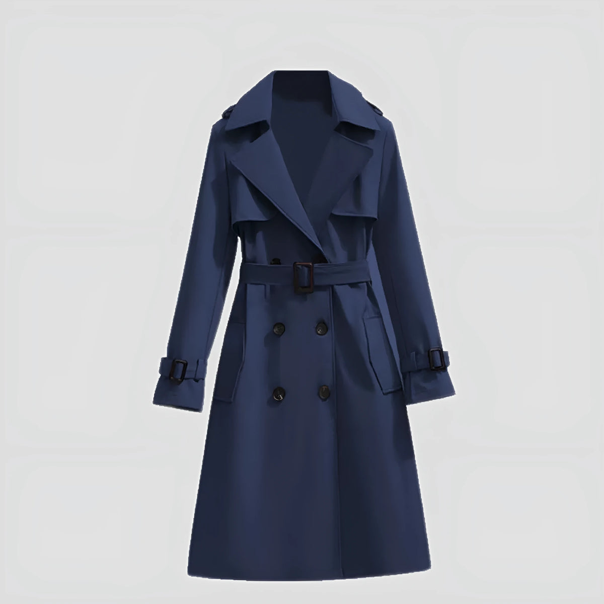 Mid-length slim fit trench coat with long sleeves, polyester, available in sizes S to 3XL and multiple colours.