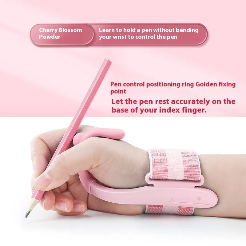 Blue anti-hook wrist brace corrector for handwriting posture and pencil grip training