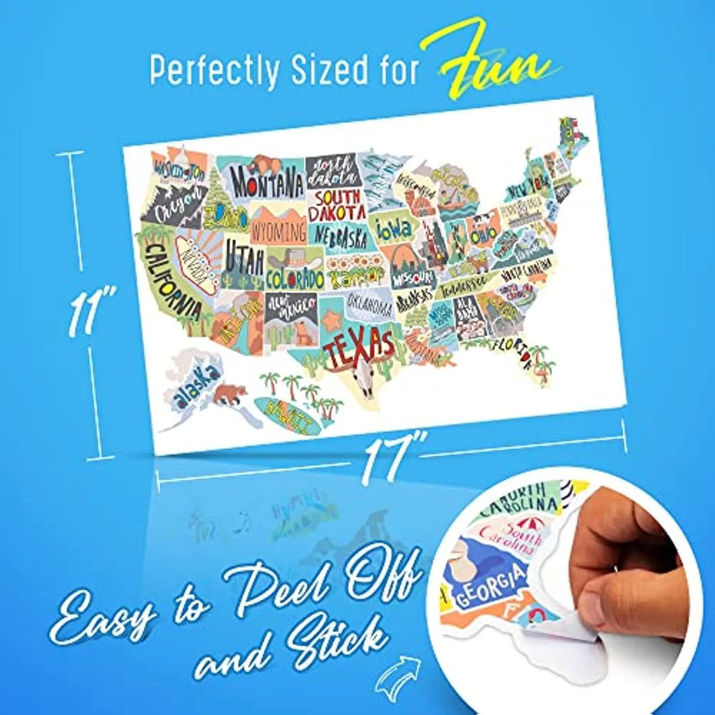 Travel themed adhesive sticker set showing world map design and alphabet letters on a sheet