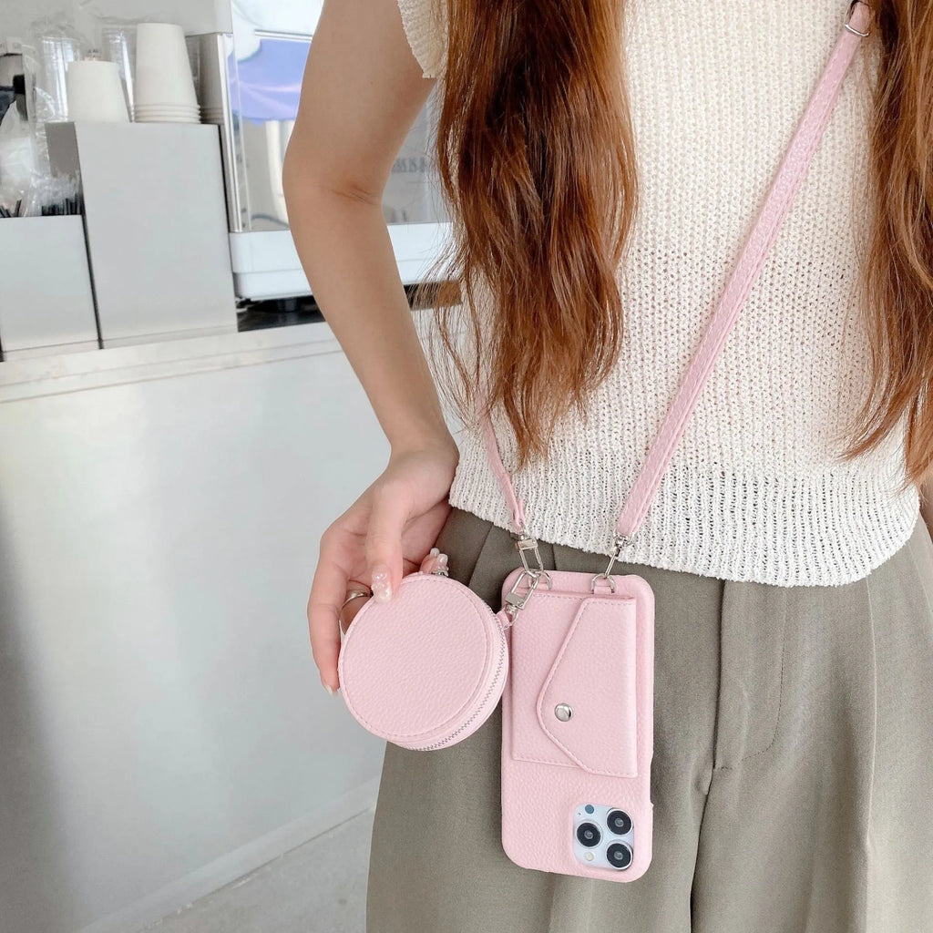 PC leather card holder coin purse crossbody phone case for iPhone, available in black, orange, and white