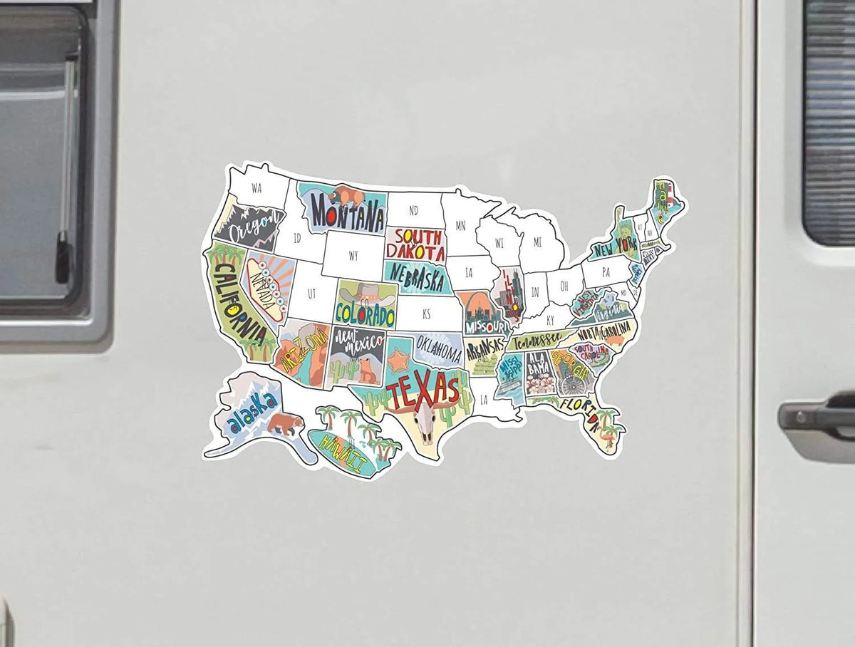 Travel themed adhesive sticker set showing world map design and alphabet letters on a sheet