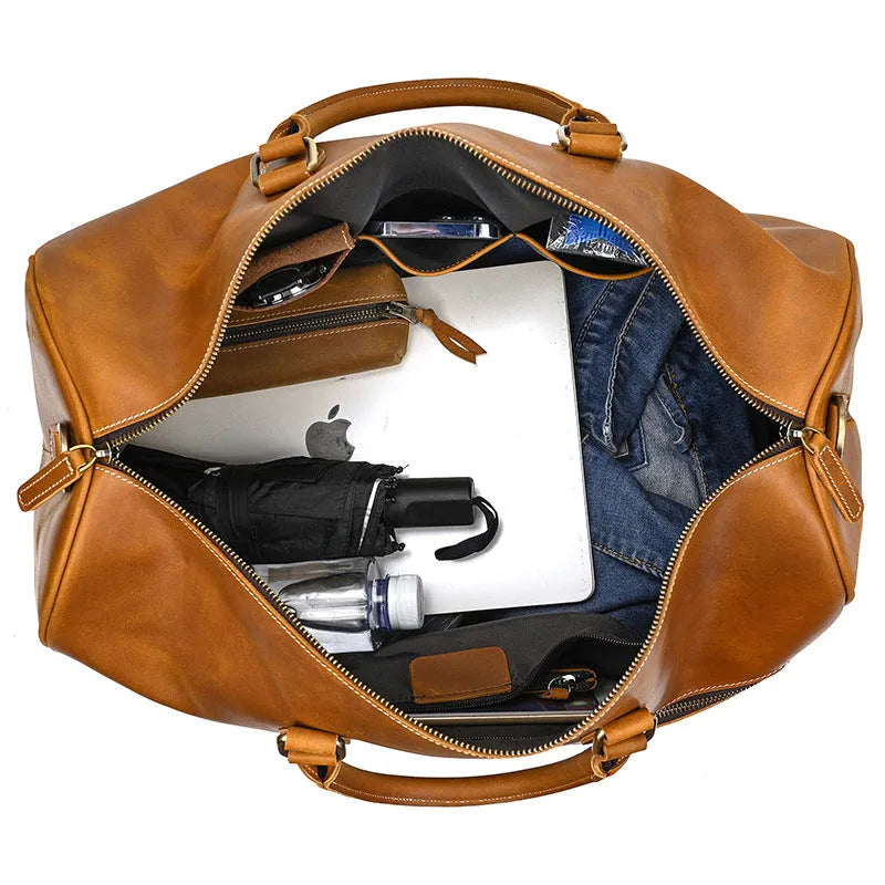 Crazy horse leather travel bag in light or dark brown with 36-55L large capacity and wear-resistant genuine leather finish