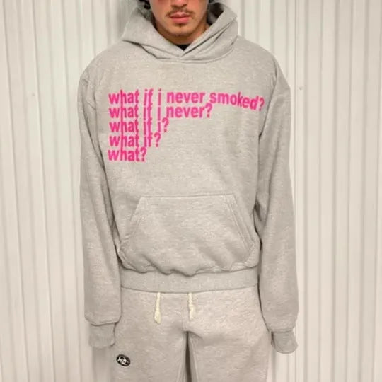 Black hooded sweater with white letter print graphic design on front