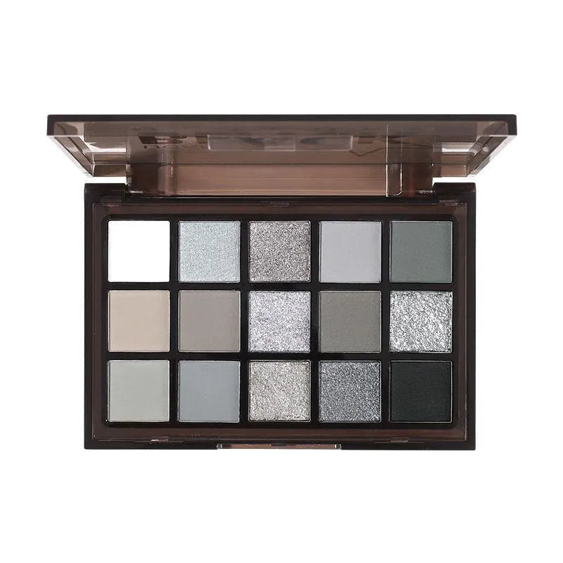 15-colour eyeshadow palette showing earth tones including cos grey, black, and dark colours for smoky makeup