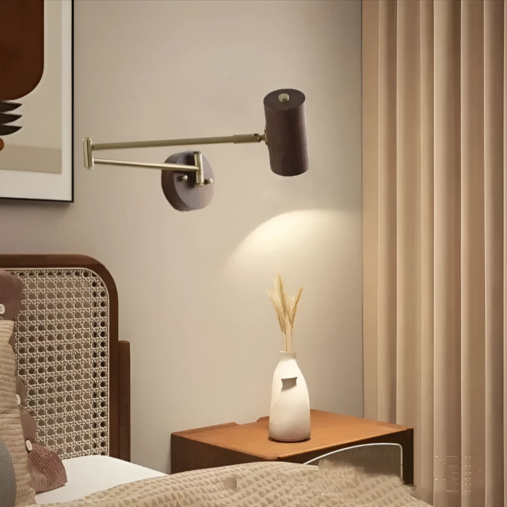 Retro-style rotating wall lamp with adjustable arm and integrated cord switch in walnut or wood finish