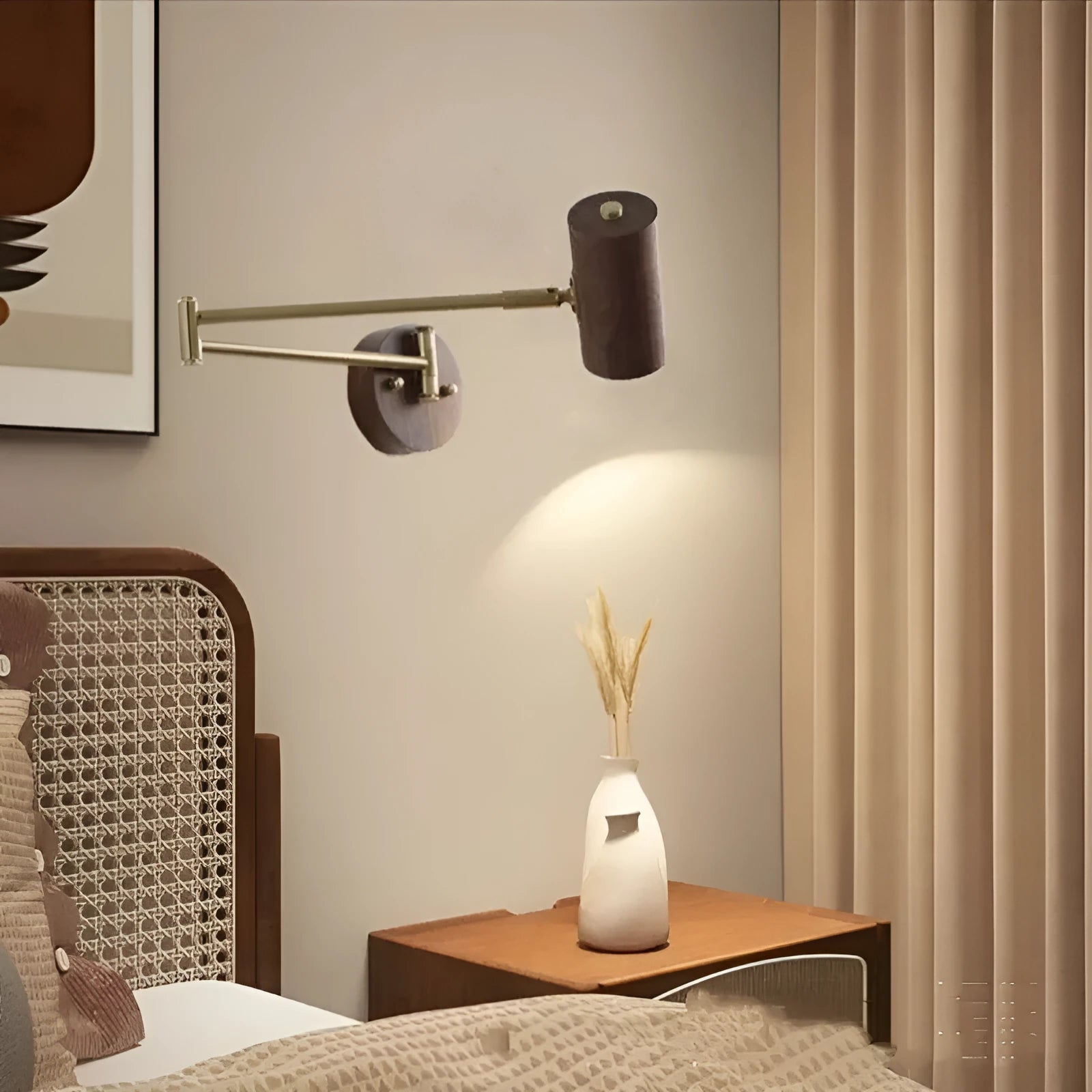 Retro-style rotating wall lamp with adjustable arm and integrated cord switch in walnut or wood finish