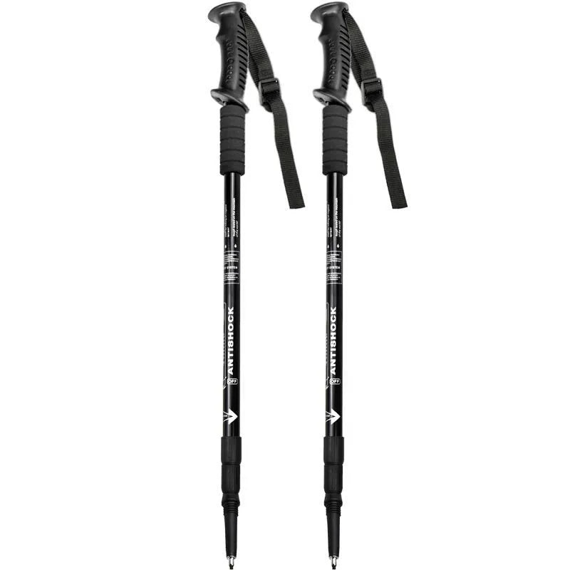Aluminium alloy outdoor trekking poles with three straight handles and adjustable length, shown with snow holder attachments
