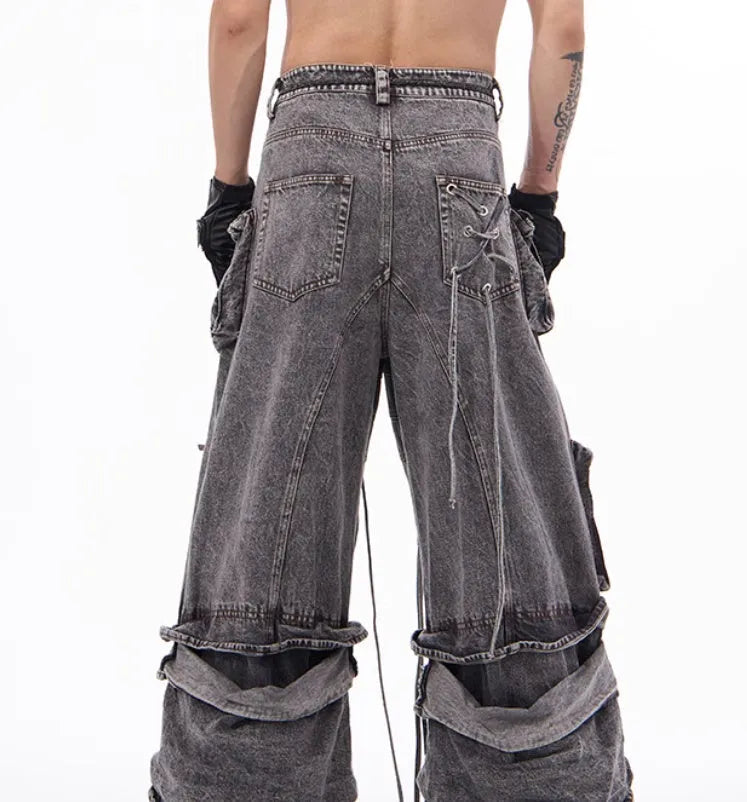 Grey distressed denim mop pants with rope stitching details American-style overalls