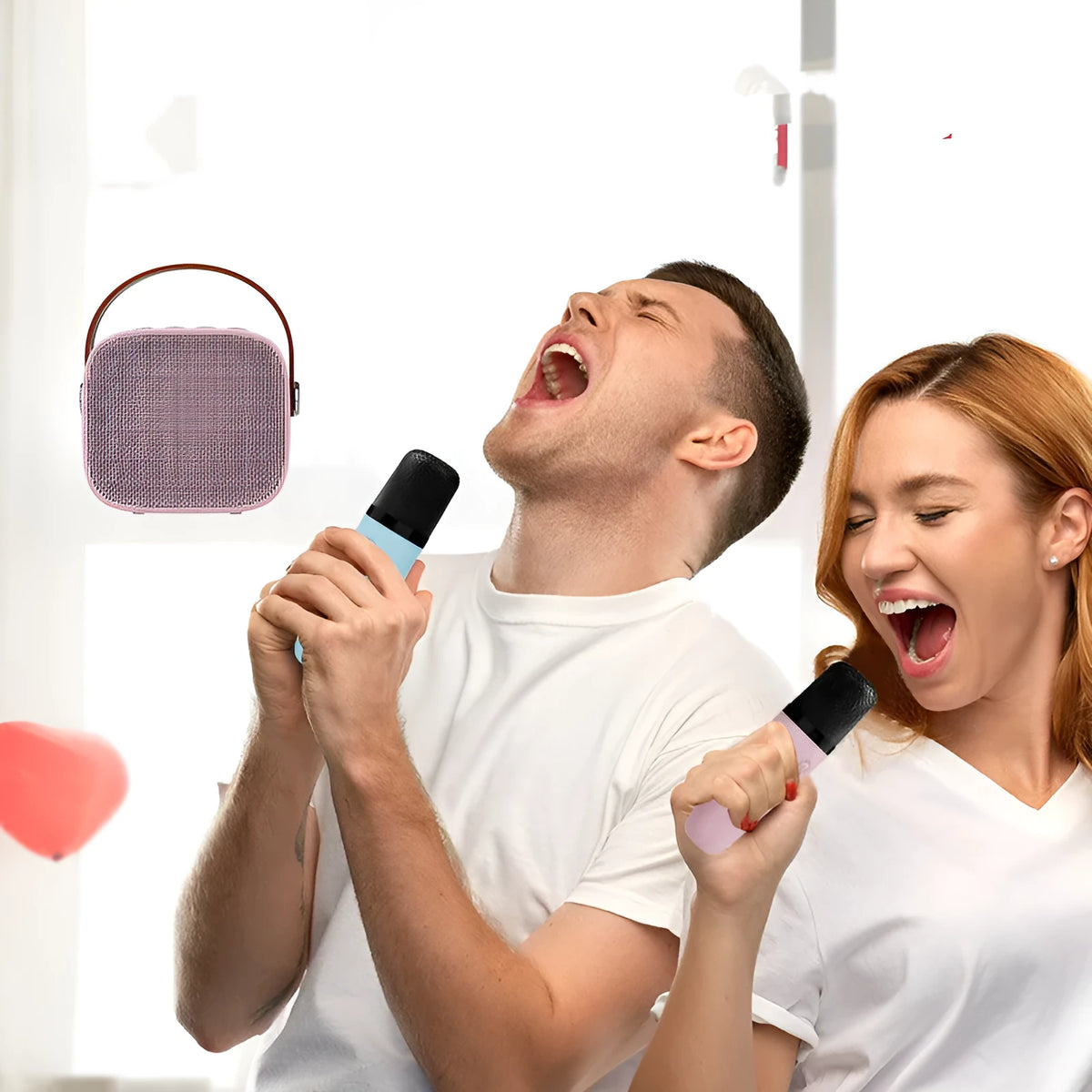 Wireless Bluetooth portable audio speaker with microphone in white, pink, or blue plastic housing