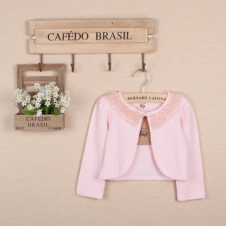 Girls' long-sleeved cotton lace coat in white or pink, solid colour summer top for heights 90cm to 160cm