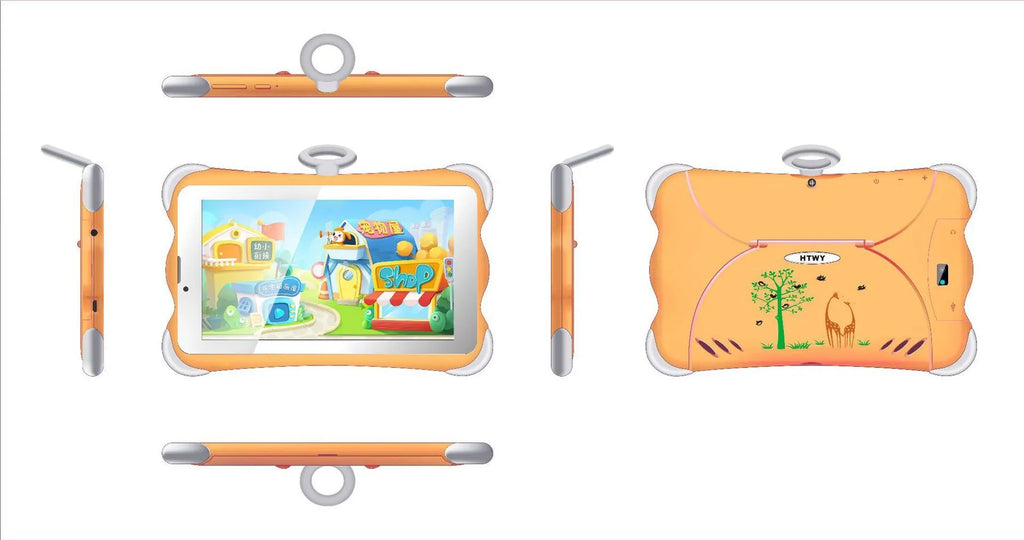 7-inch children's learning tablet in cartoon colours with stand showing 3G calling functionality