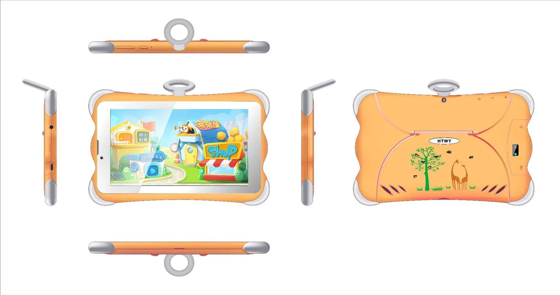 7-inch children's learning tablet in cartoon colours with stand showing 3G calling functionality