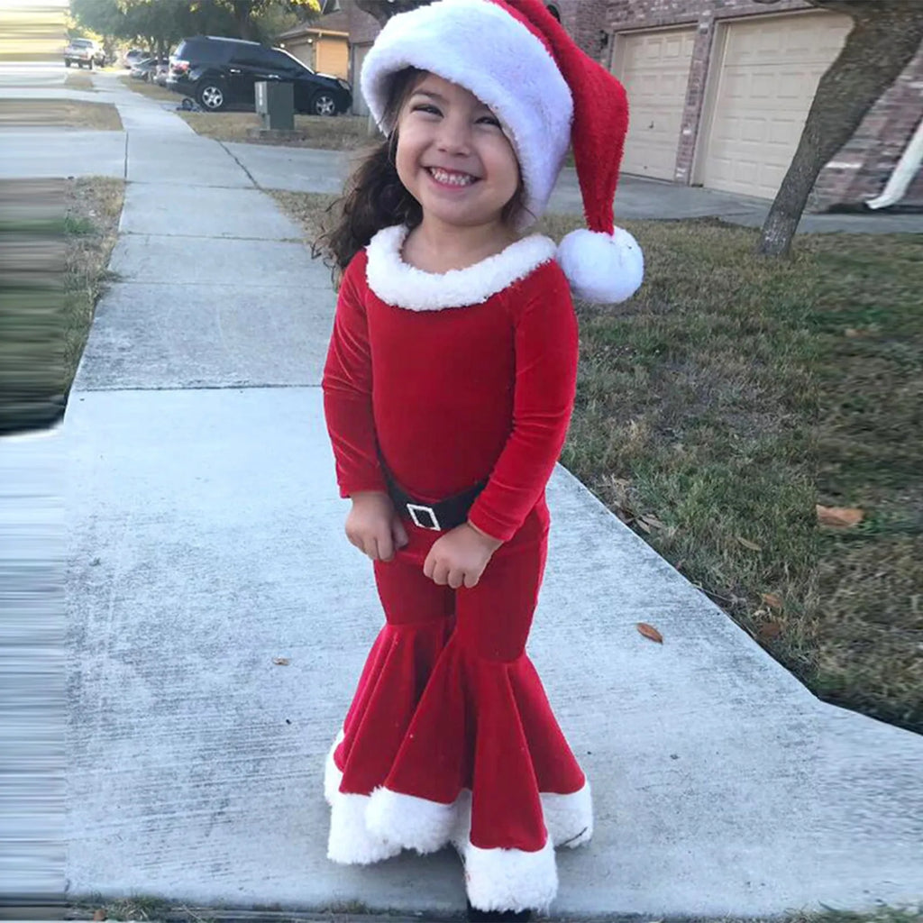 Red Korean velvet children's Christmas three-piece outfit with shirt, bell bottom trousers, and hat for ages 3-8