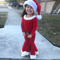 Red Korean velvet children's Christmas three-piece outfit with shirt, bell bottom trousers, and hat for ages 3-8