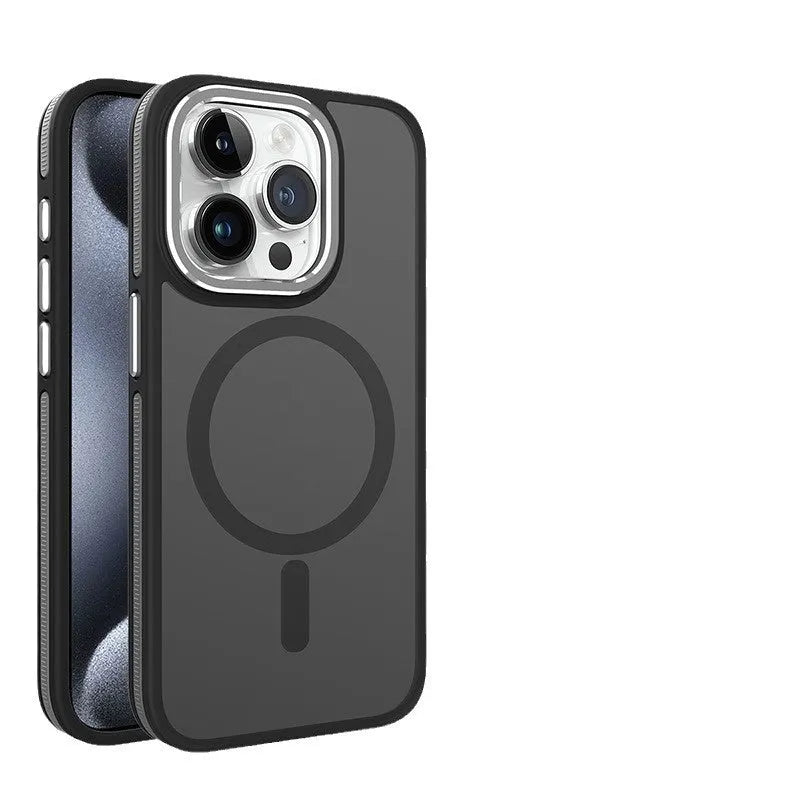 Magnetic frosted iPhone case with metal lens circle in black, blue, gray, and orange, shown on an iPhone.