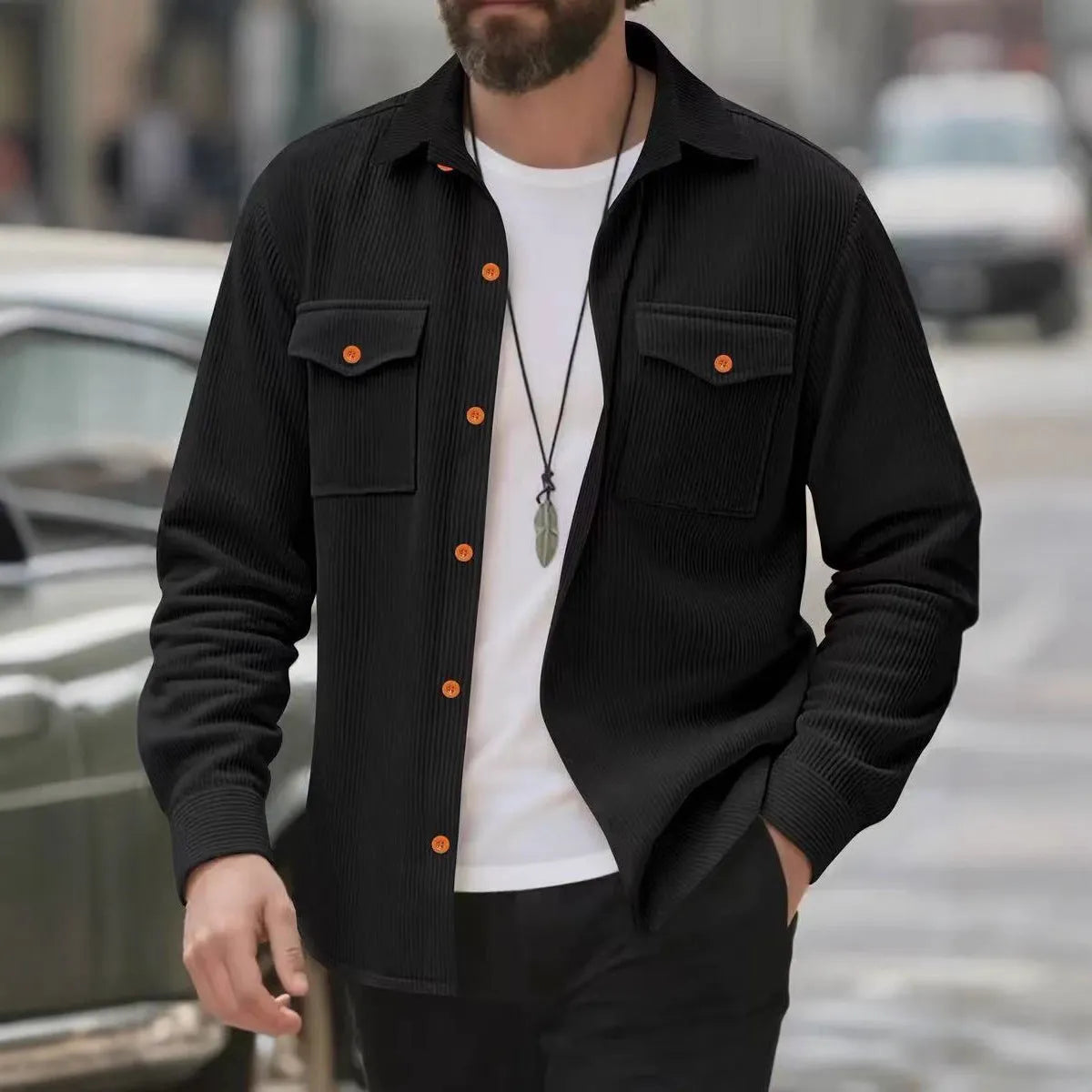 Men's solid-colour corduroy jacket in light gray, black, beige or army green, sizes S to XXXL, simple casual style