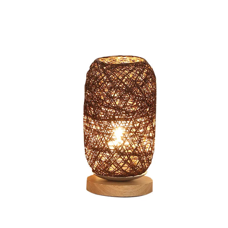 Dimmable LED wooden twine vine night table lamp with beige lampshade remote switch warm light