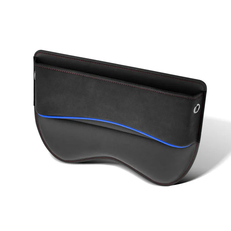Leather car seat storage box in a choice of five colours on a car rear seat.