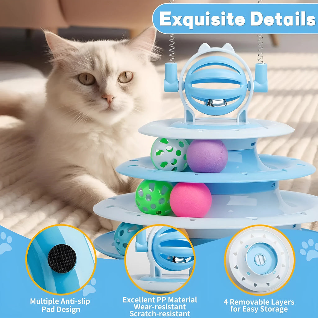 4-tier interactive cat puzzle ball toy with six coloured balls, two teasing rods, and bell on top