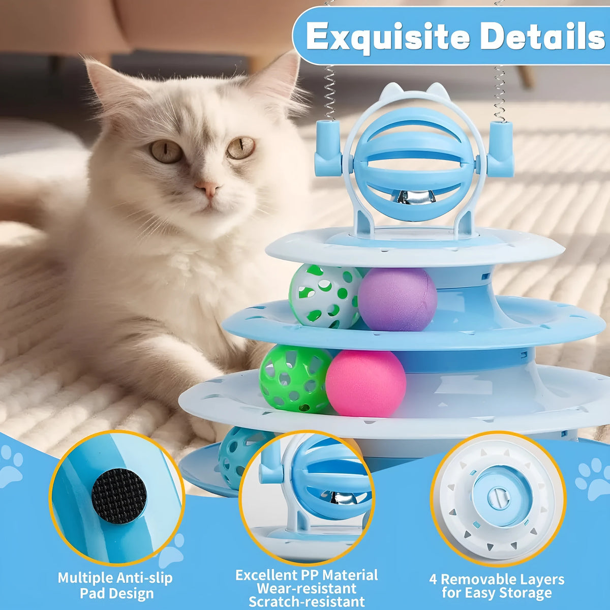 4-tier interactive cat puzzle ball toy with six coloured balls, two teasing rods, and bell on top