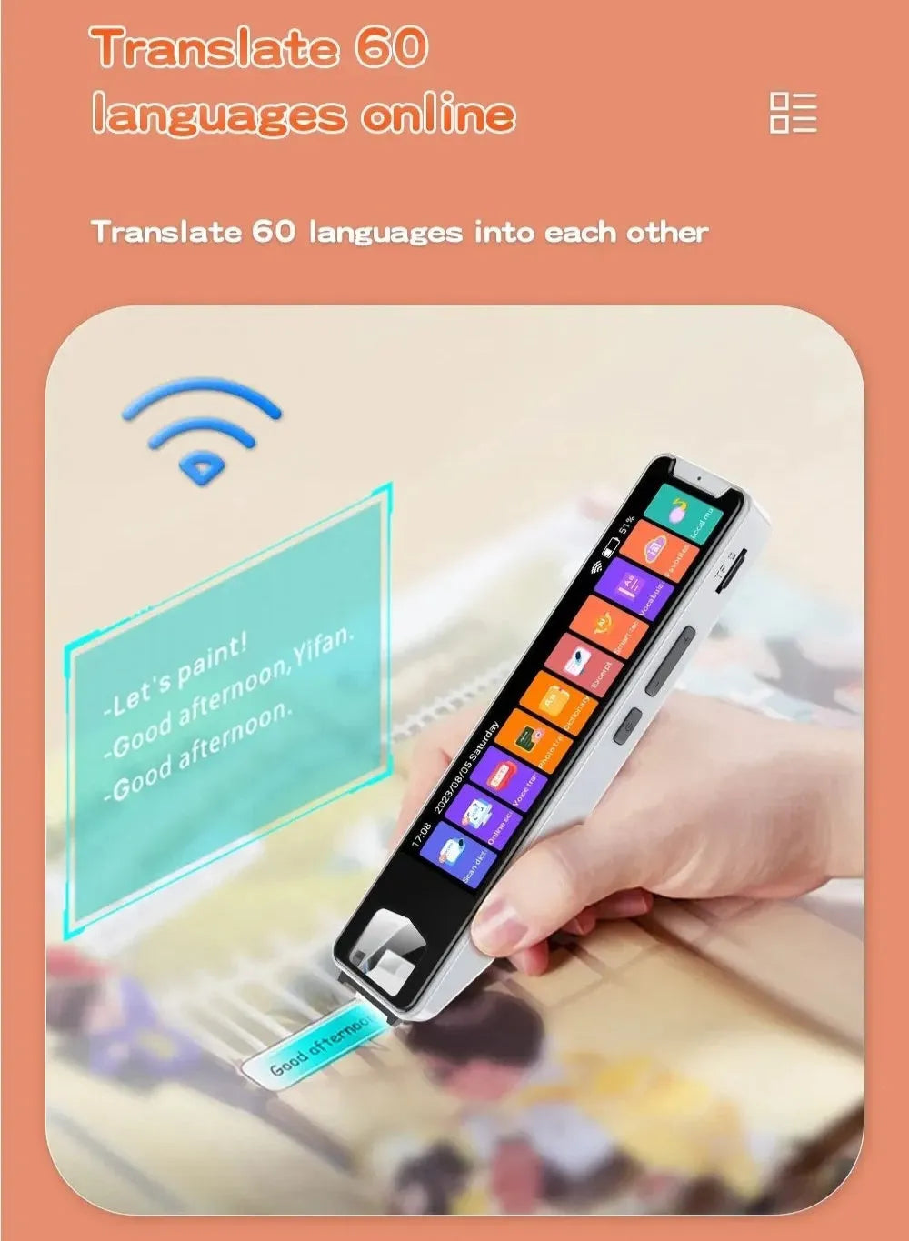 Multi-language scanning pen with 3.38in screen, ABS body, 148x36x15mm, offline Arabic model, with silicone cover.