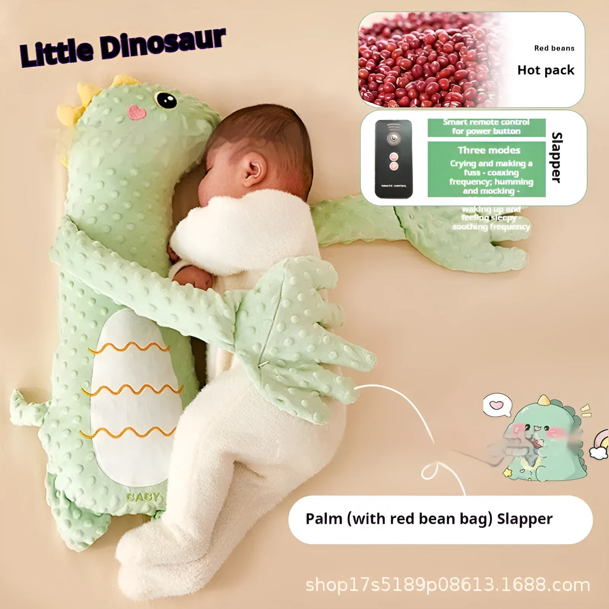 Soothing baby sleeping pillow animal doll in plush fabric, available in dinosaur, rabbit, geese, or deer design for infants 0-3 years