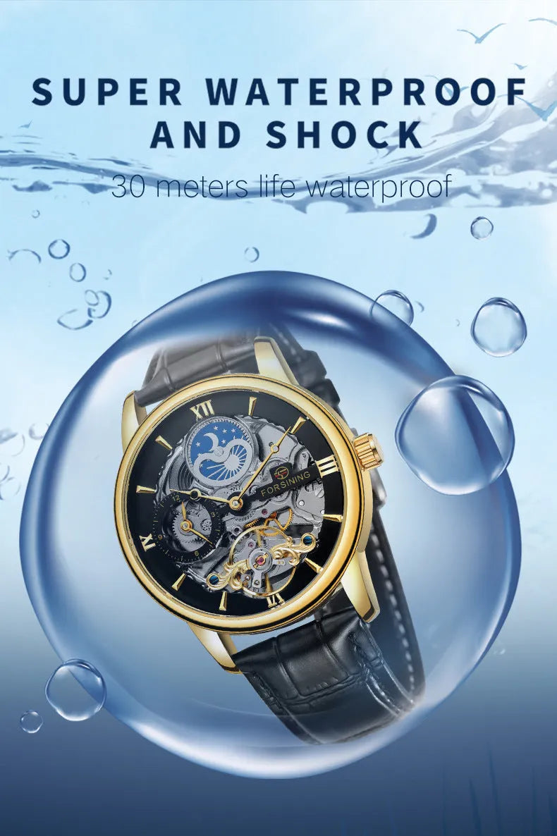 Automatic mechanical watch with hollow moon dial, 13.5mm thick, gold or silver case, black gold blue or white face